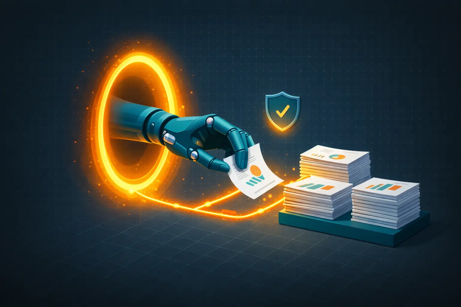 Isometrische Illustration: KI-Agent verbindet Dokumente, Datenbank und Sicherheit