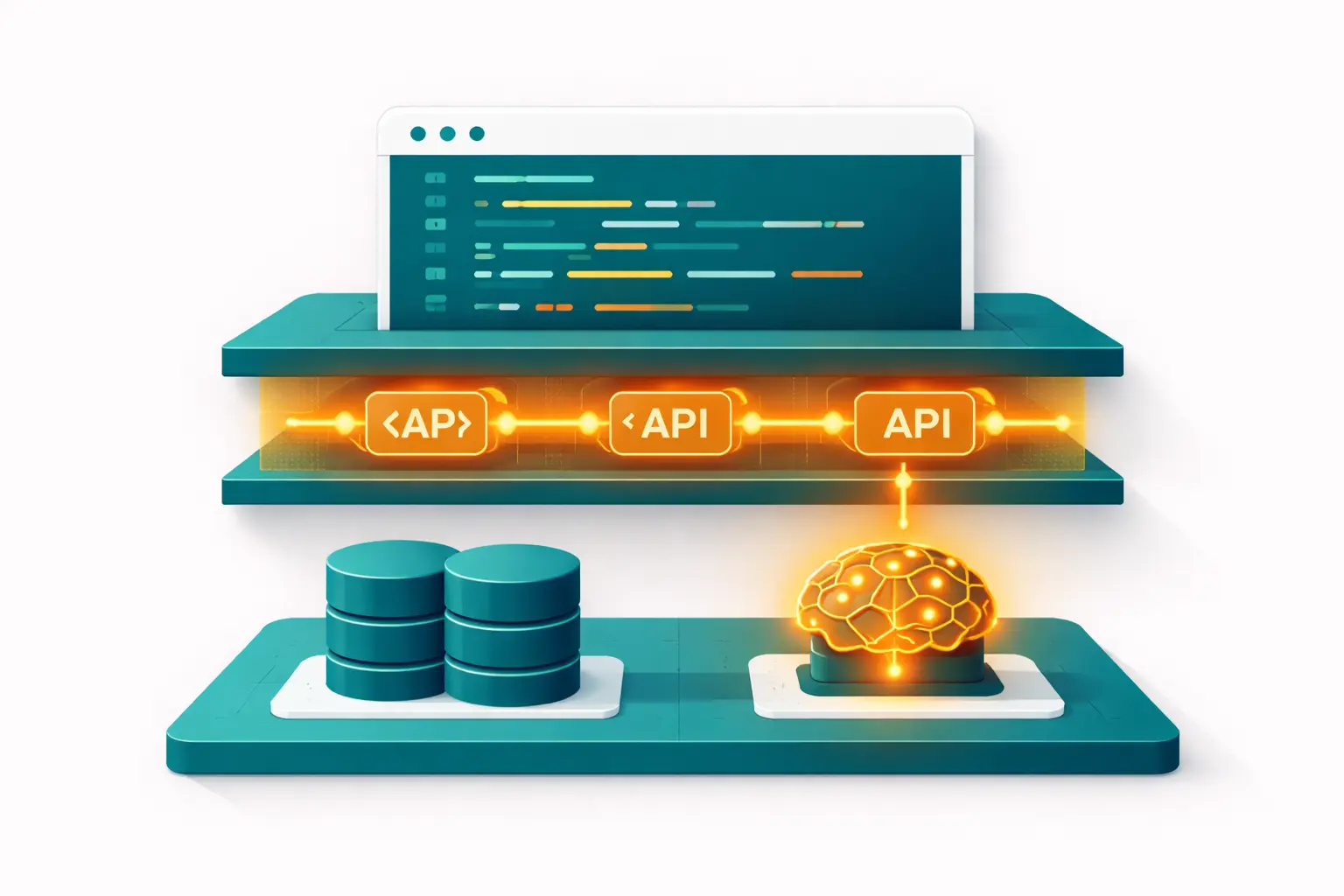 Isometrische Illustration: Full-Stack-Entwicklung mit Code-Editor und Datenbank